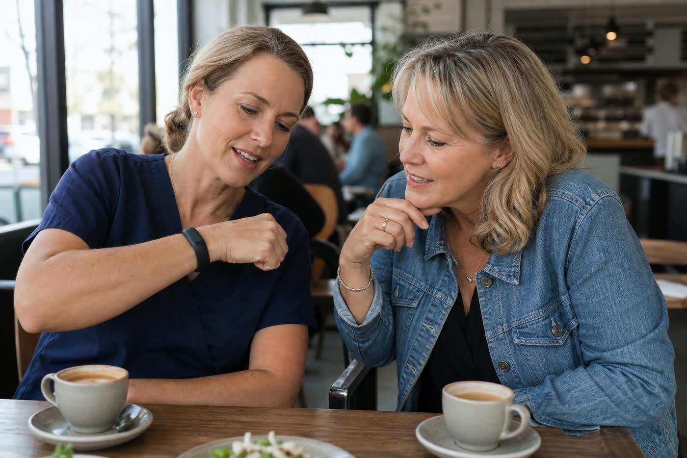 Two women having coffee, one showing her wristband