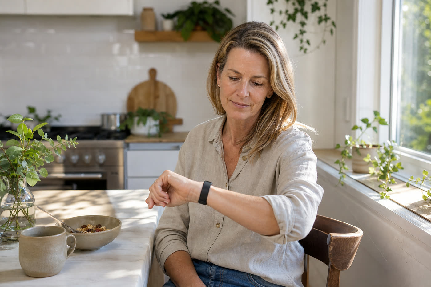 Woman looking at a smart wristband on her wrist